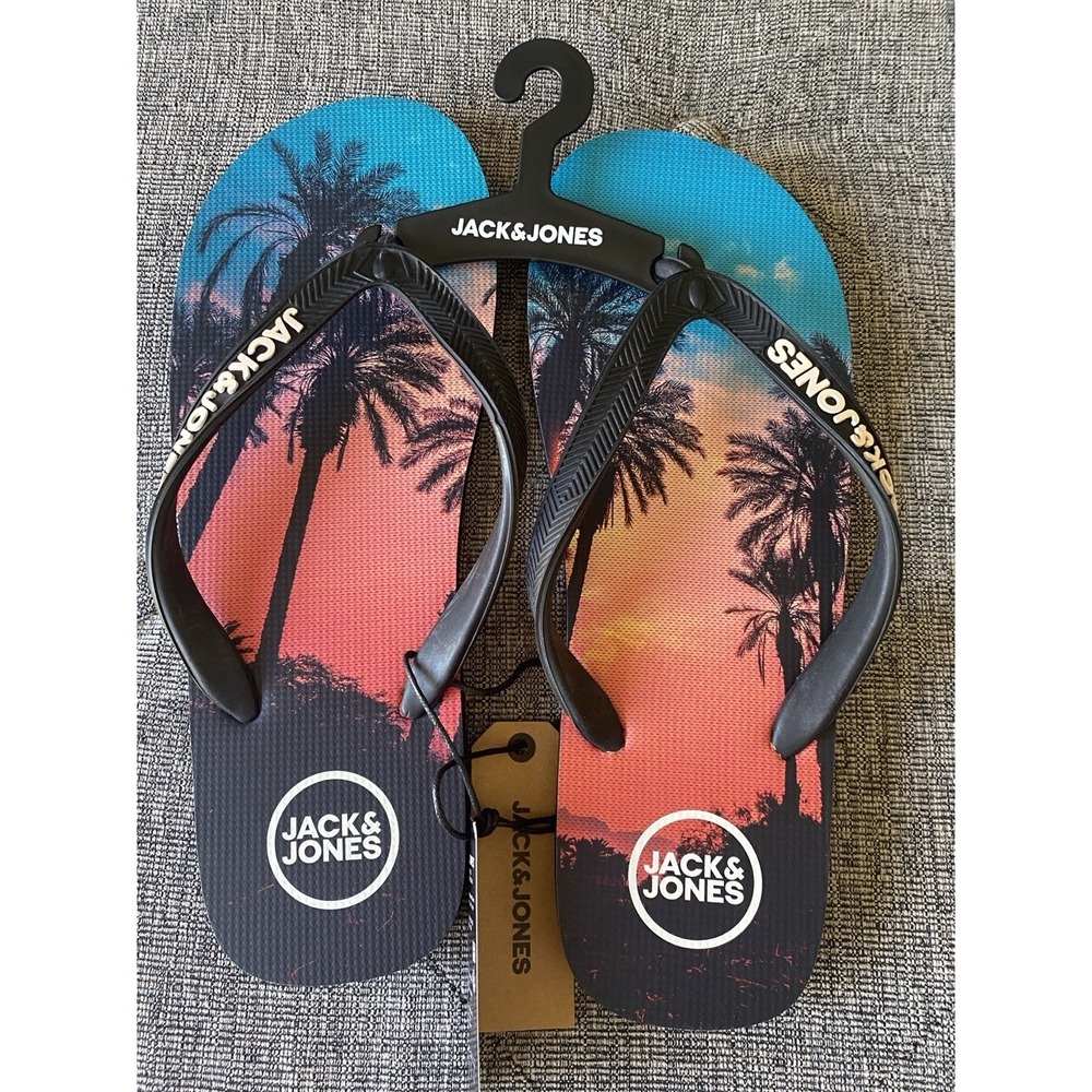 New Jack & Jones Mens Sz 9/10 Flip Flops Black Beach Scene Surfer  Palm Tropical